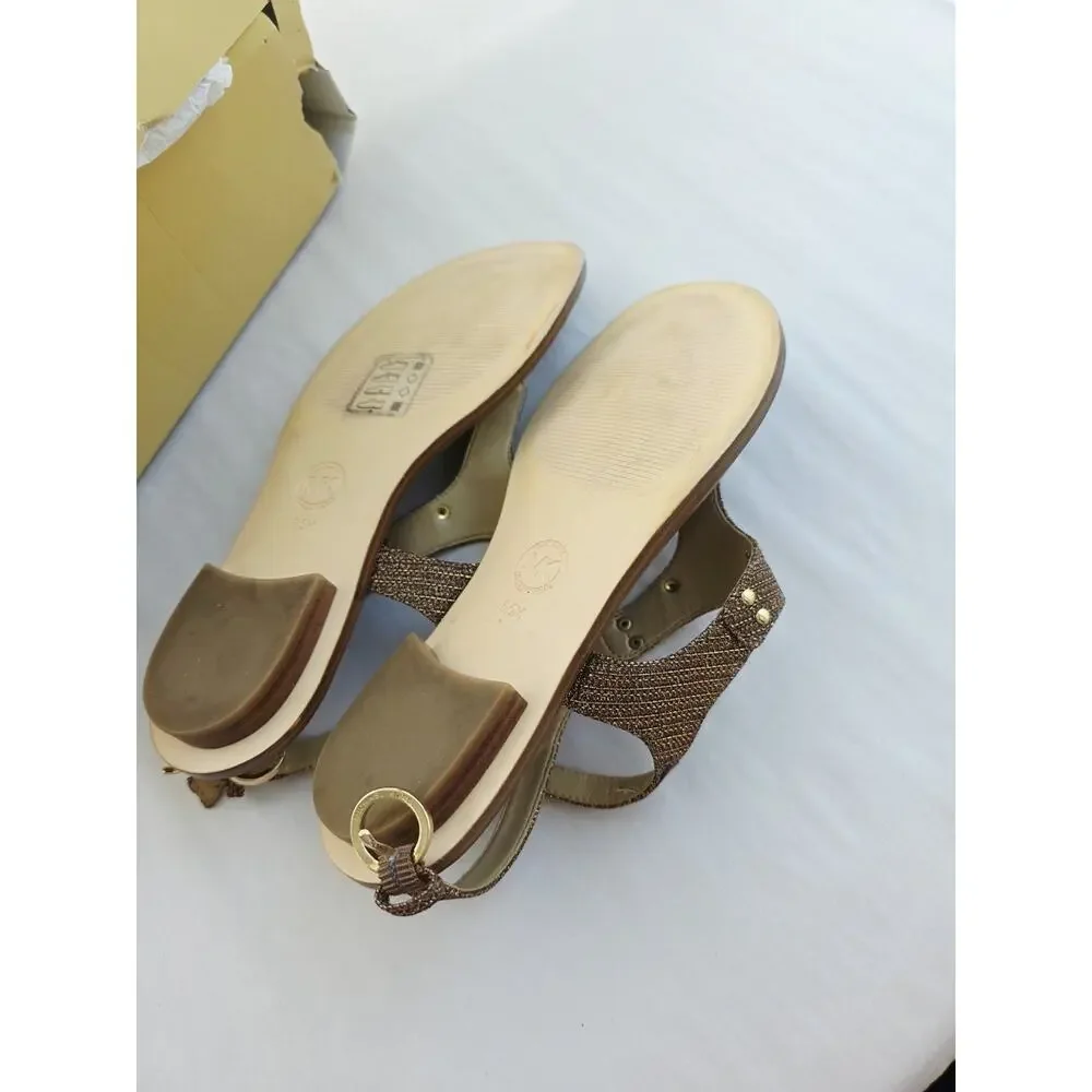 NIB NEW Women's 6.5 MICHAEL KORS Plate Slingback Thong Sandals Monogram Copper